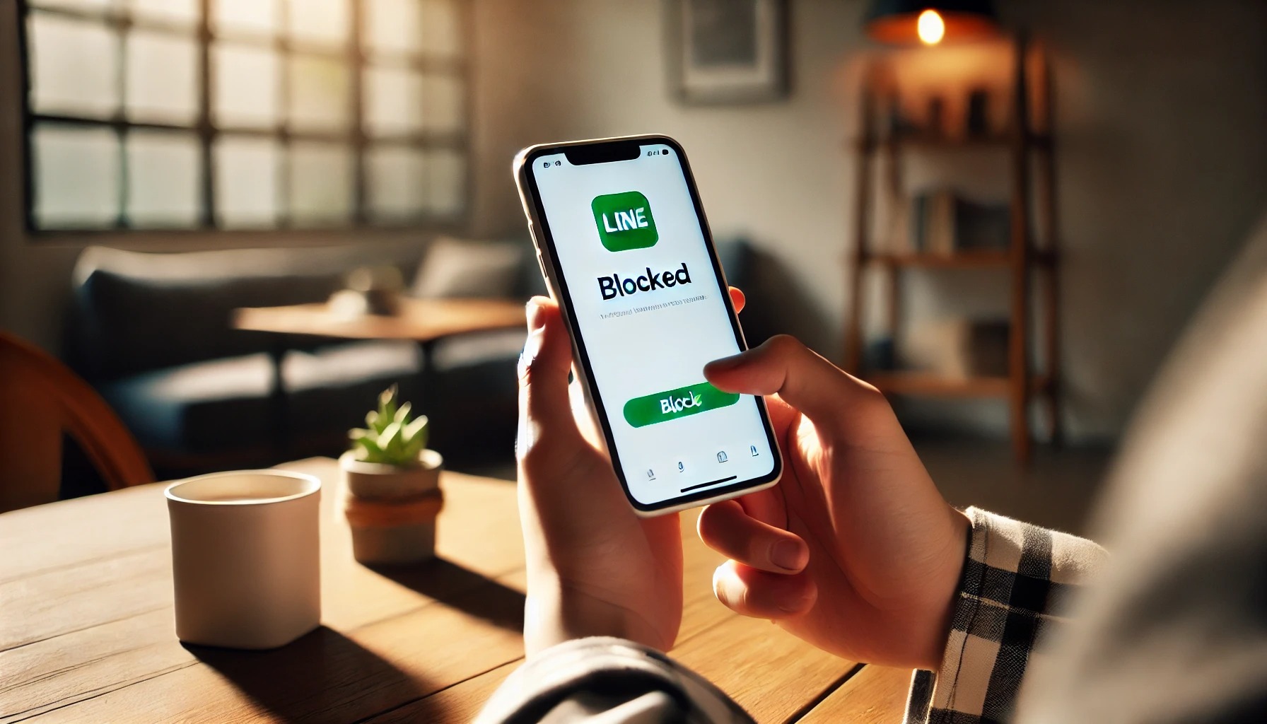 LINEアプリで誰かをブロックしようとしている人物。スマートフォンの画面にLINEが表示され、落ち着いた環境で行動が行われている。